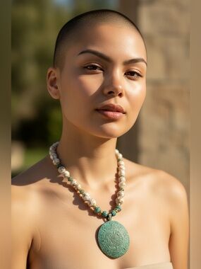 Turquoise Green Patina Pendant Necklace with White Marbled Beads and earrings